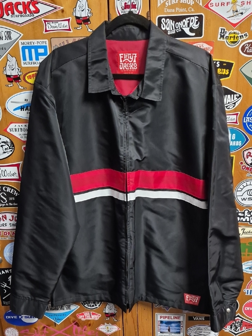Jacks Surfboards Nylon Fifty7 Black Jacket with Red & White Stripe